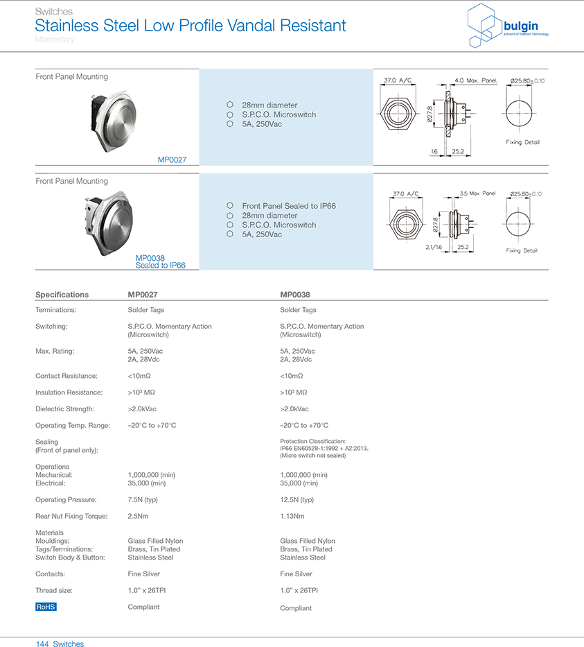 MP0027小尺寸防破壞按鈕開關(guān)選型